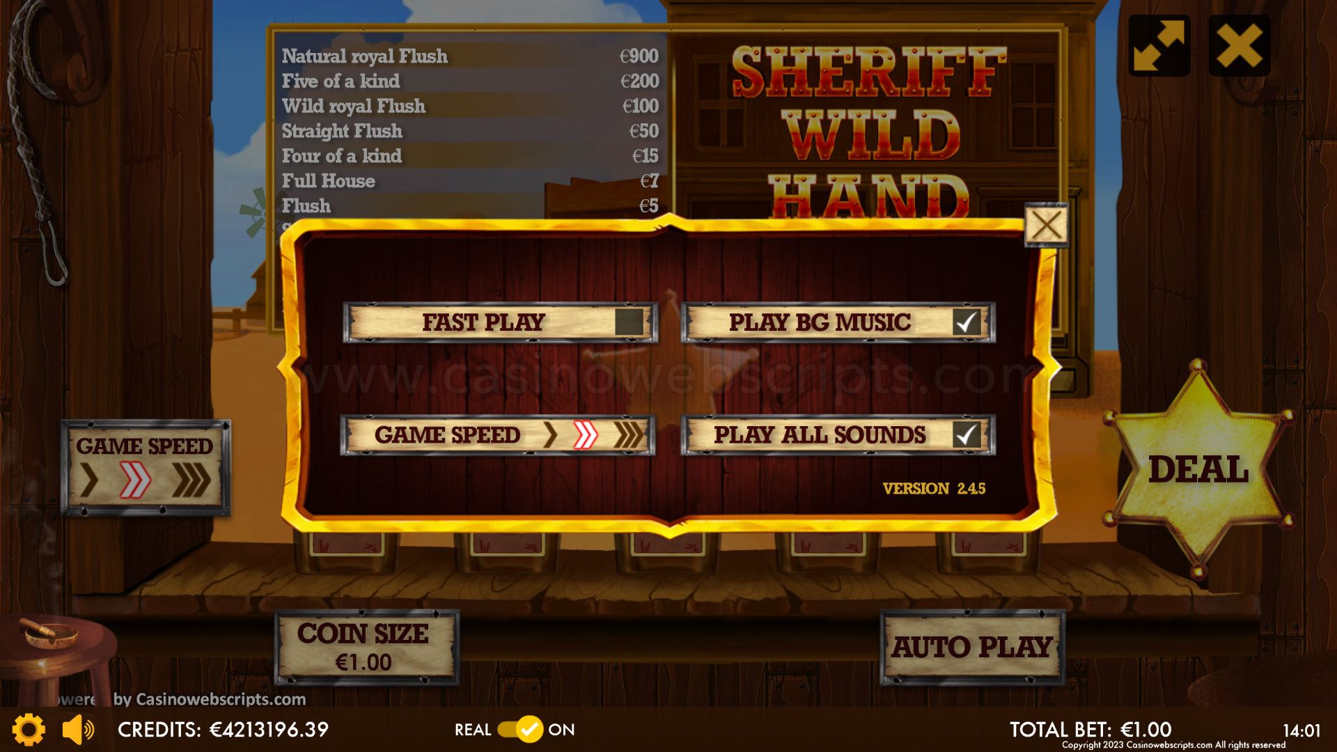 Sheriff Wild Hand Video Poker paytable detail