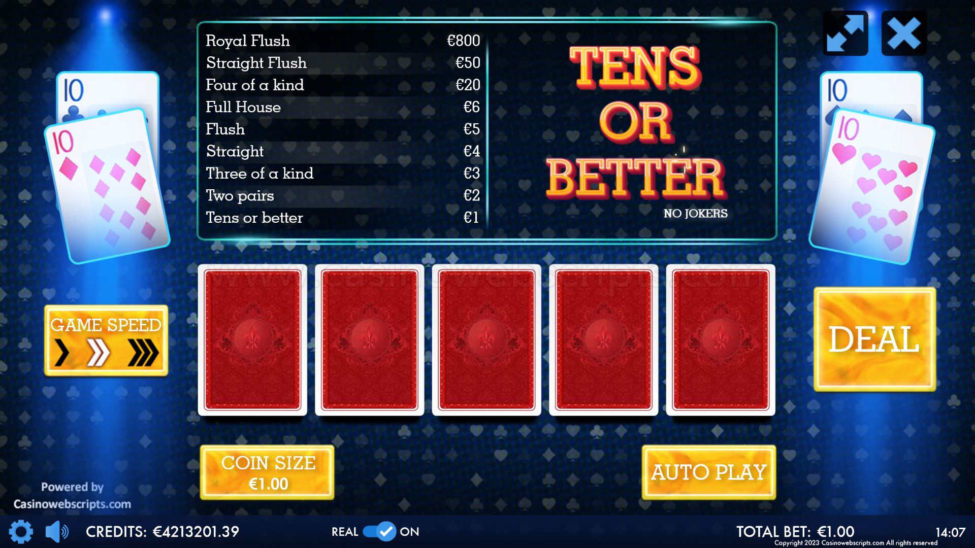 10s (Tens) or better Video Poker HTML5 Mobile and PC - Preview