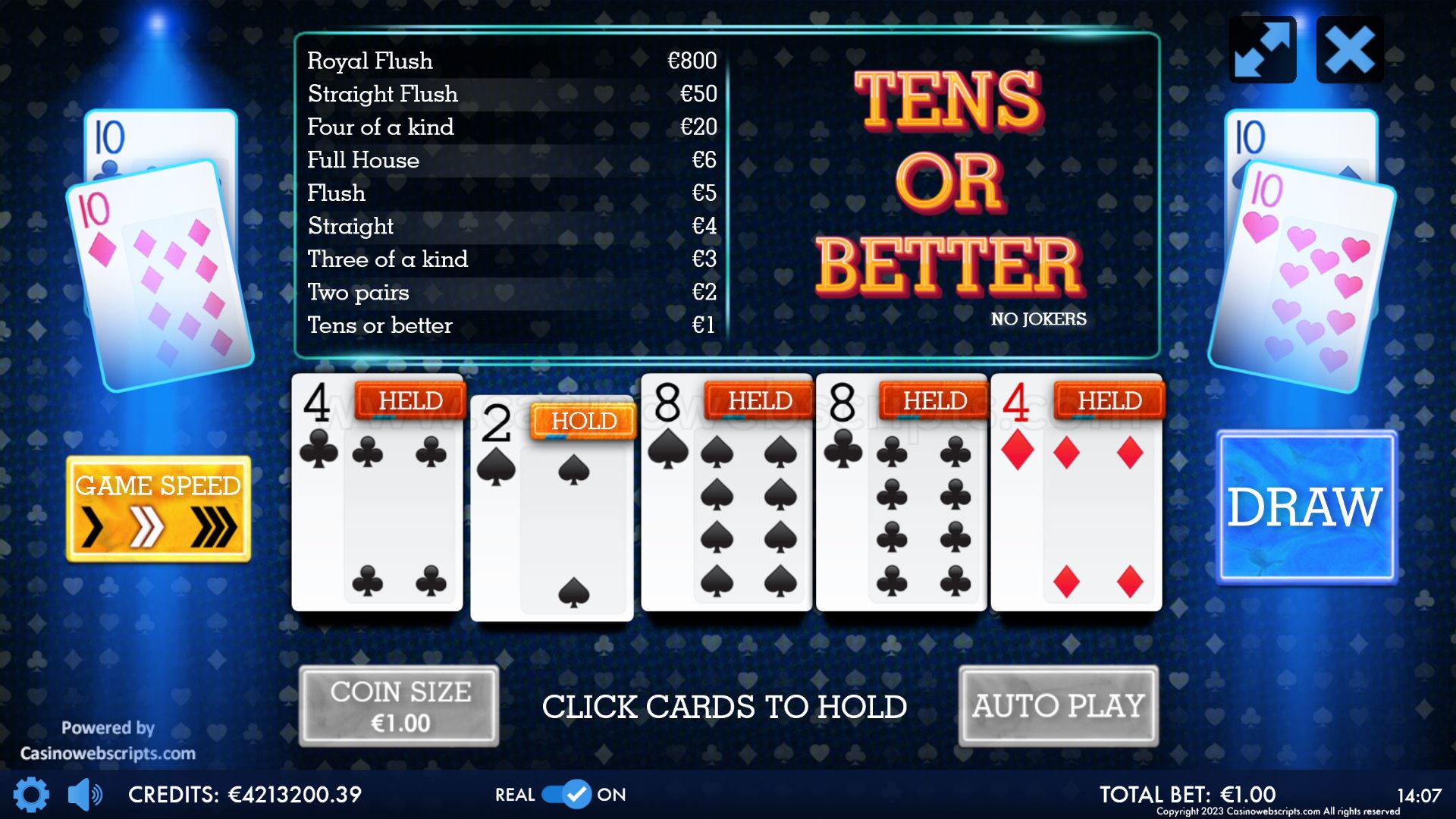 10s (Tens) or better Video Poker HTML5 Mobile and PC - Preview